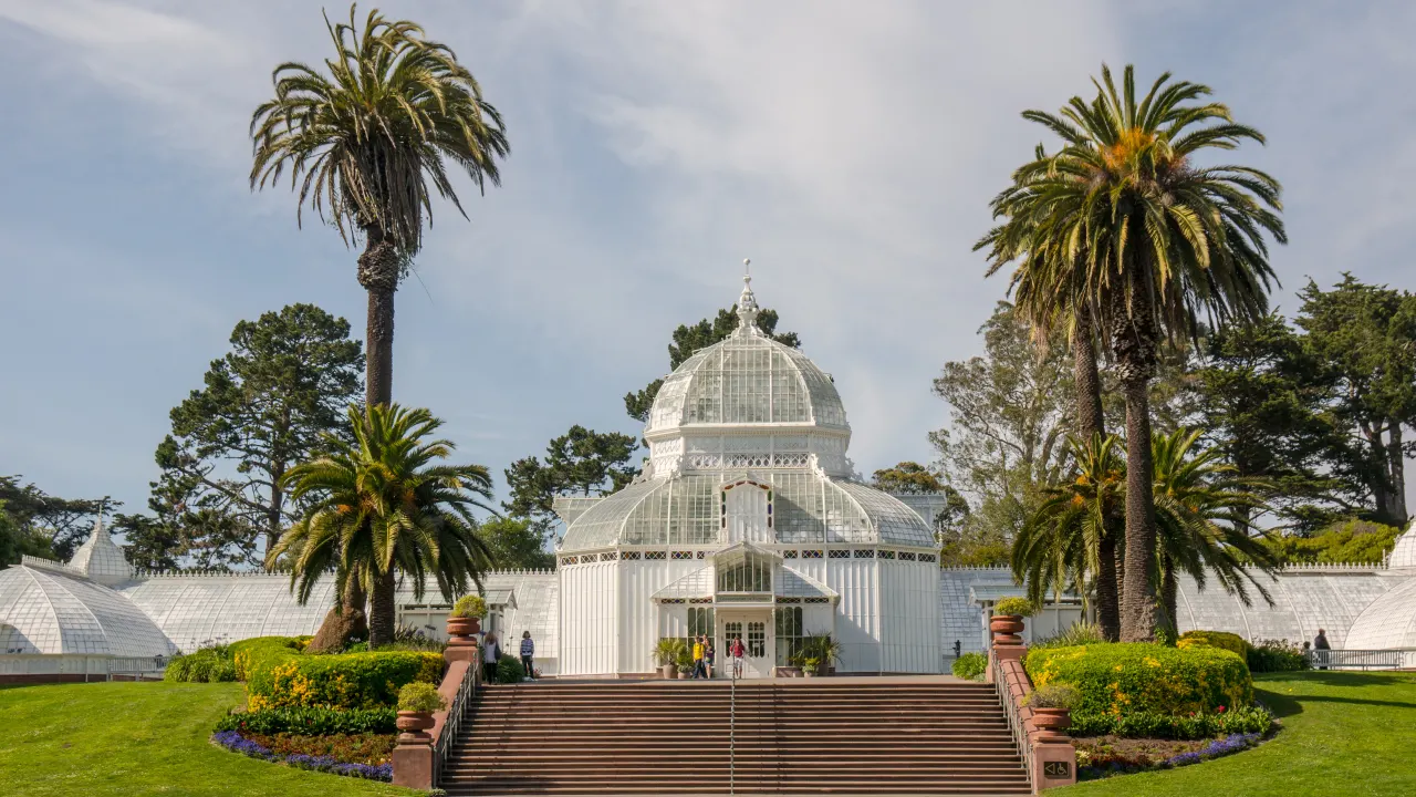 The white Victorian Conservatory of Flowers glasshouse between tall palm trees
