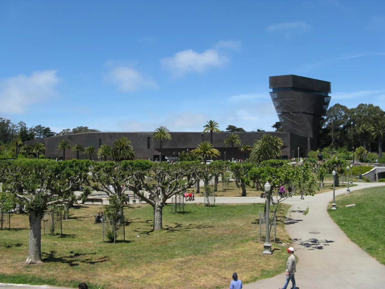 The copper-clad de Young Museum and its twisting observation tower beyond a lawn of pruned trees
