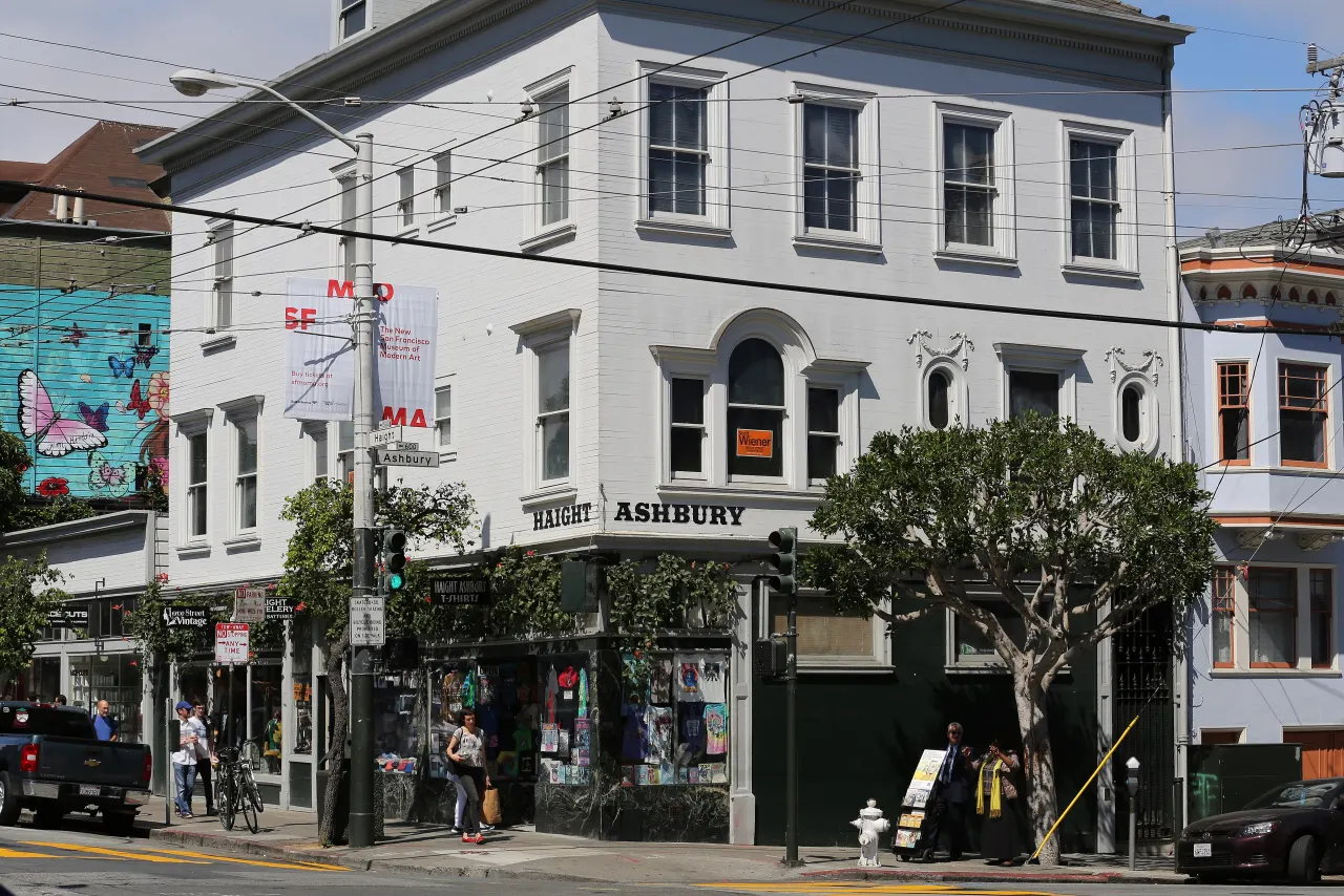 Painted Victorian buildings and shops on a street corner in Haight-Ashbury
