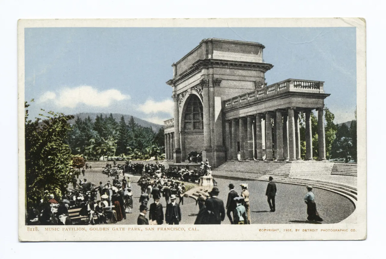 A historic hand-colored postcard of crowds at the Music Pavilion in Golden Gate Park