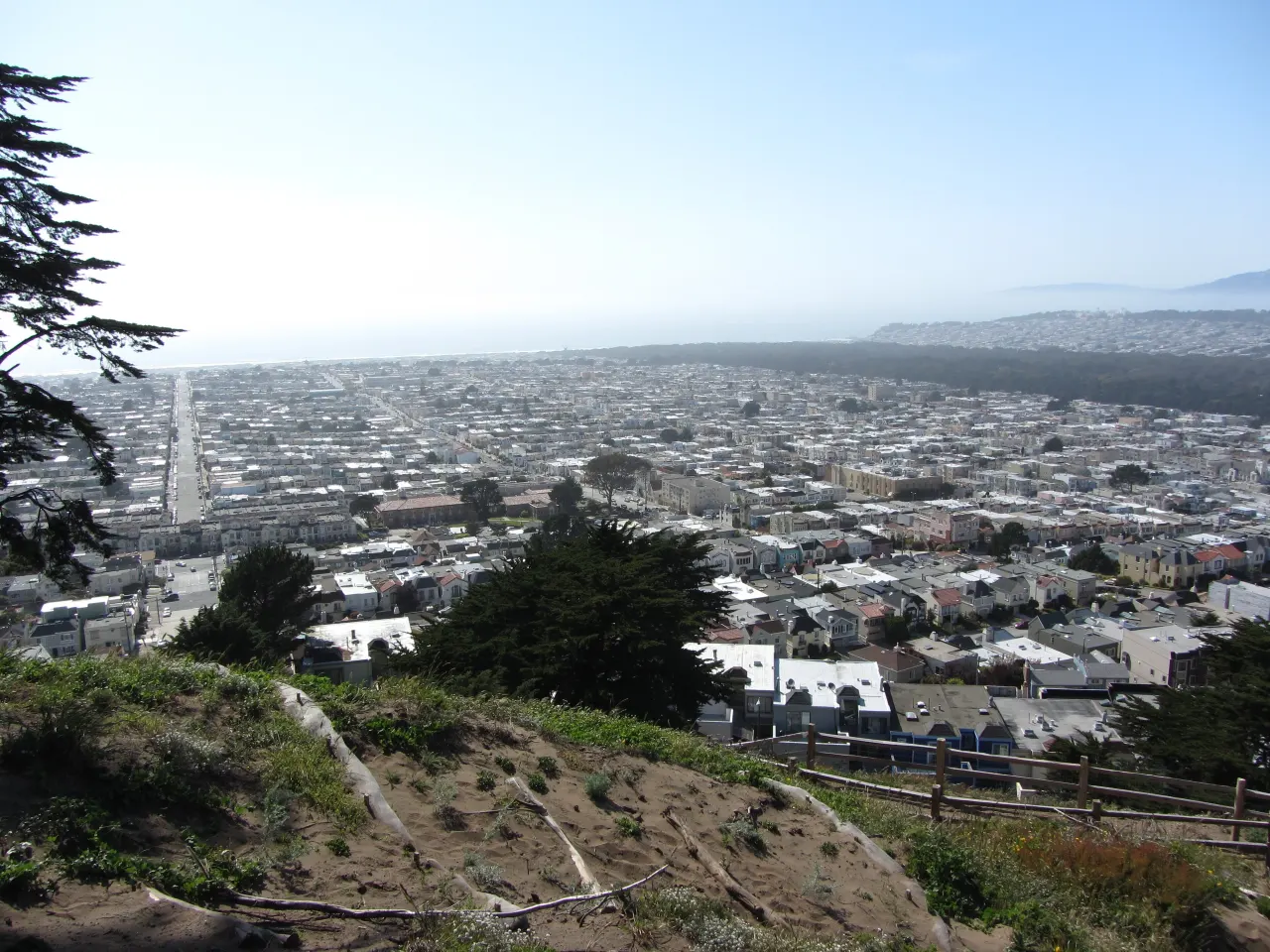 The Sunset and Richmond districts with the green band of Golden Gate Park between them and the Pacific beyond