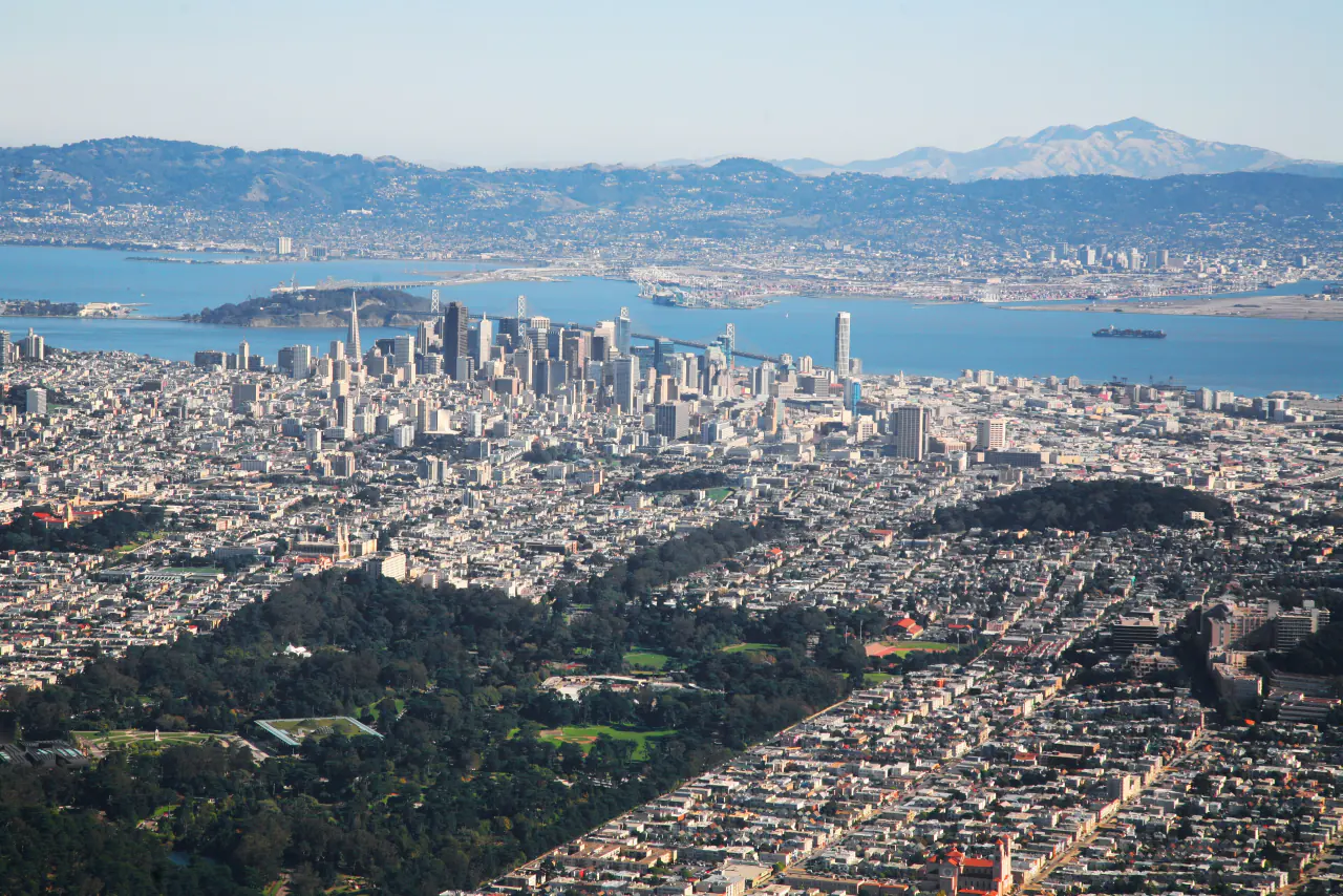 Golden Gate Park and its narrow Panhandle stretching toward the downtown San Francisco skyline